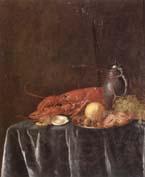 Pieter Gijsels Still life of a lemon,hazelnuts and a crab on a pewter dish,together with a lobster,oysters two wine-glasses,green grapes and a stoneware flagon,all u
